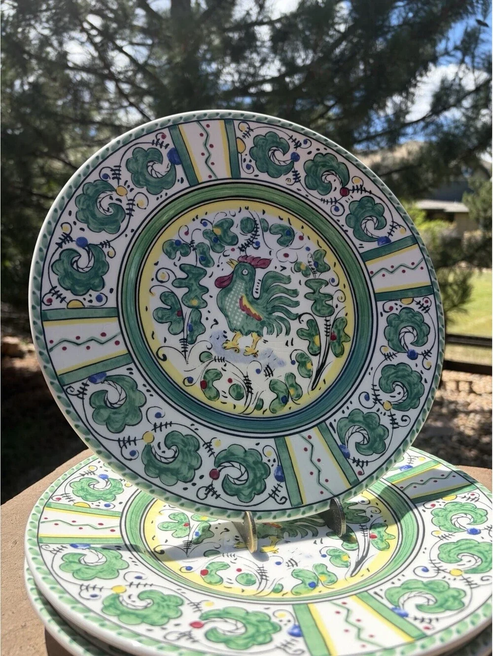 Set Of 3 CRAZED SUR LA TABLE Deruta Green Rooster Dinner Plates 11”